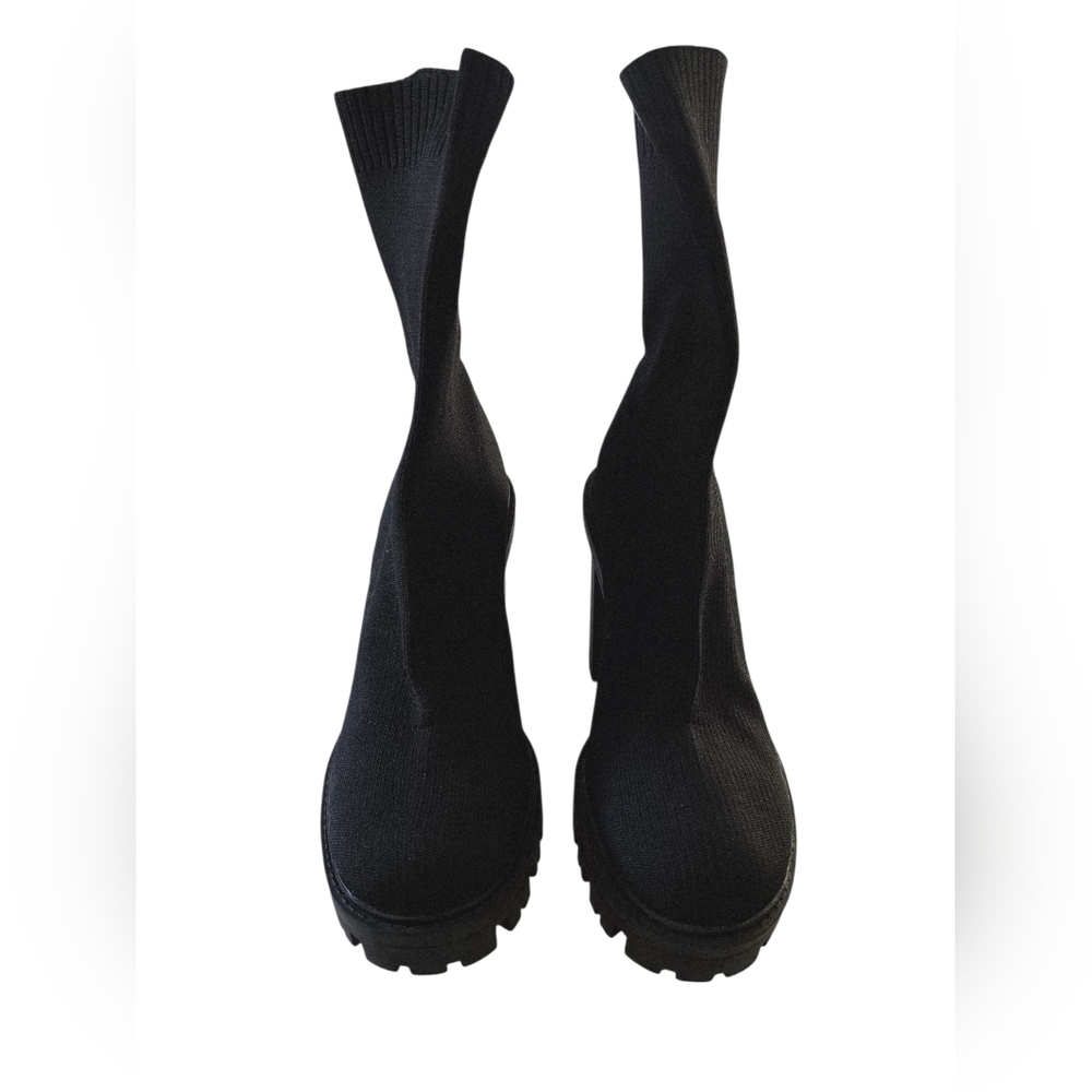 Zara Sock Chunky Heels Black Boots Womens Size 38 - Picture 2 of 6